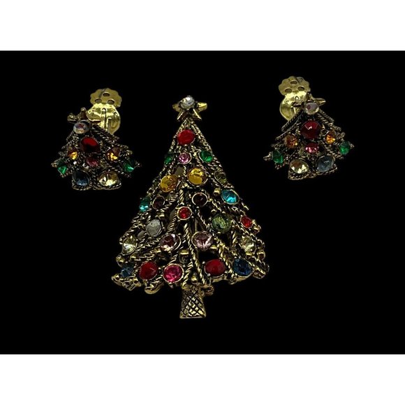 Hollycraft Vintage Christmas Tree Pin w/Matching Clip Earrings MCM Collectible - Picture 2 of 16